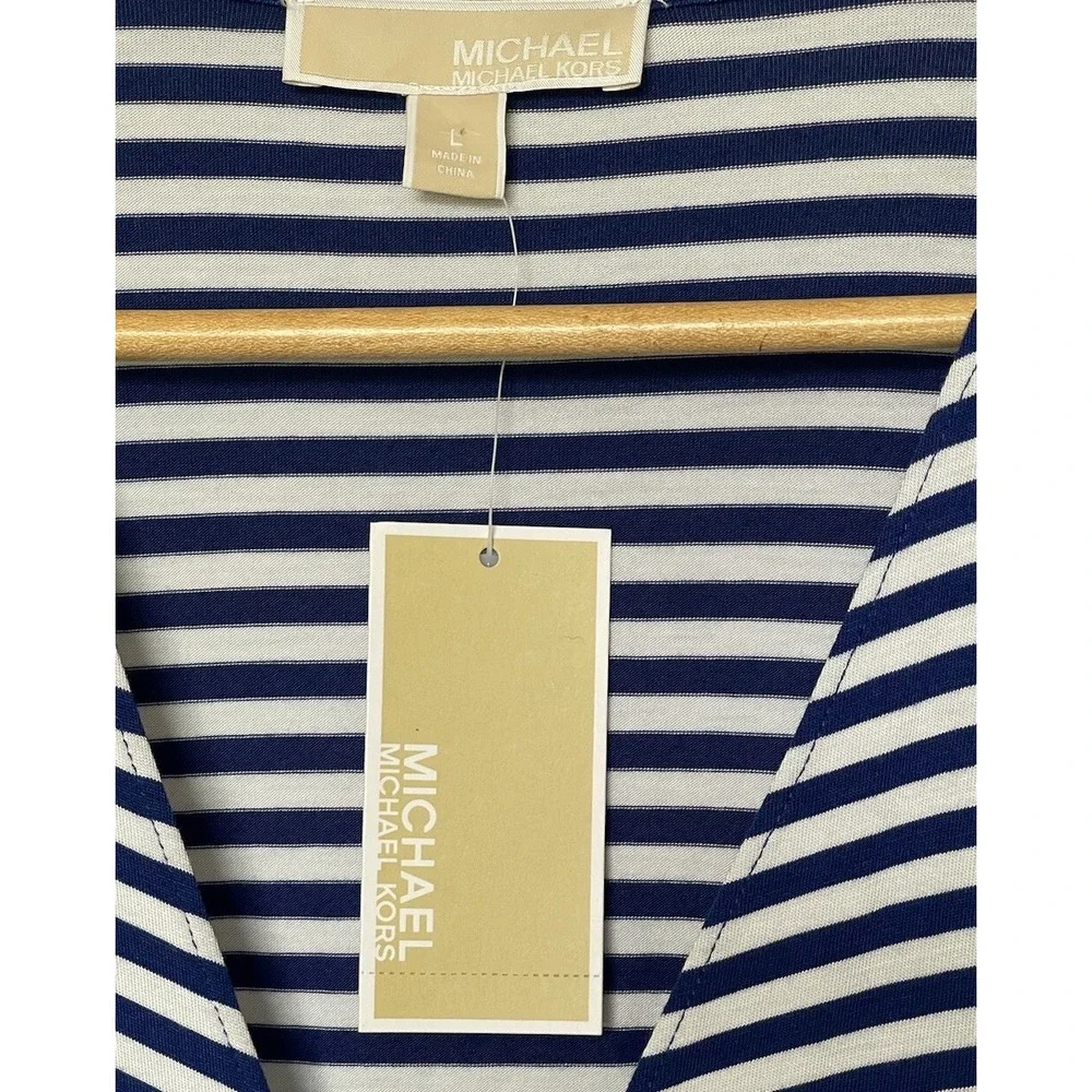 Michael Kors Top Womens L Navy White Striped Shoulder Zipper Faux Wrap NEW